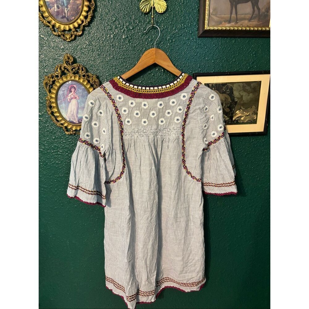 Anthropologie Maeve Blue Striped Yarn Embellished Dress Short Flare Sleeves Sz X - Picture 4 of 4